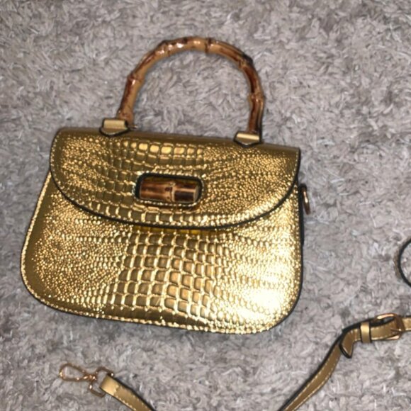 Neiman Marcus Lucine Gold Crocodile Leather Bamboo Handle Shoulder Bag - Picture 1 of 5